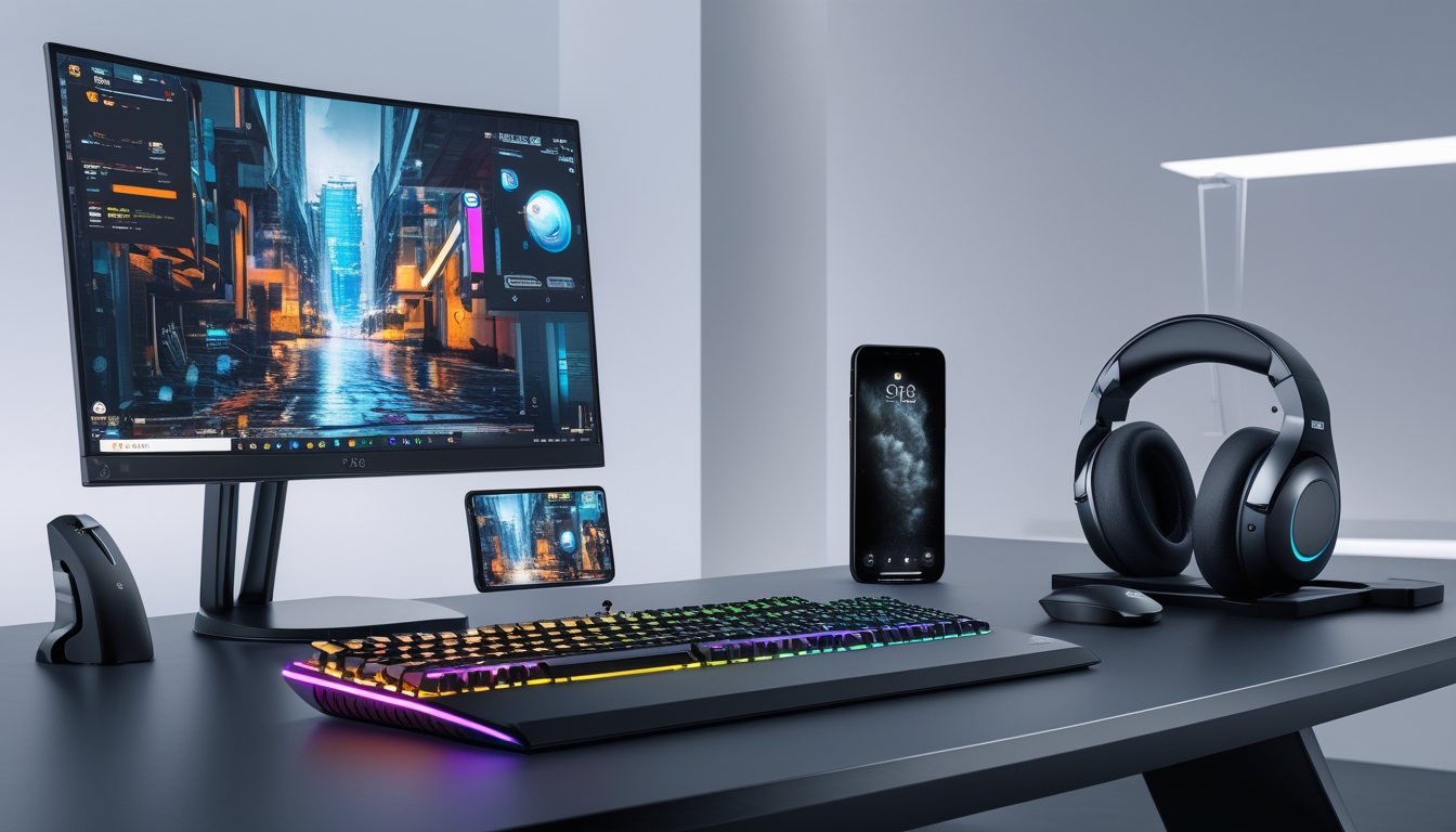 Meja kerja modern dengan laptop gaming, monitor melengkung, keyboard dan mouse nirkabel, smartphone transparan, dan headphone nirkabel.