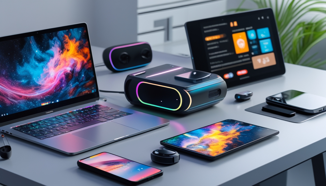 Meja kerja modern dengan laptop, konsol game, smartphone, dan perangkat gadget terbaru yang digunakan untuk gaming, kerja, dan hiburan.