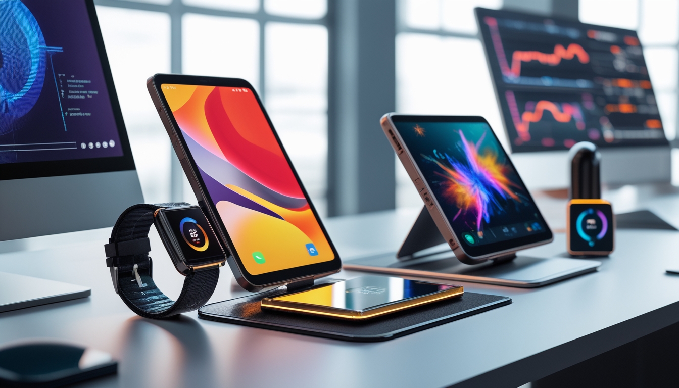 Berbagai gadget terbaru dan terbaik tahun 2026 ditata rapi di atas meja kerja modern dengan latar belakang kantor teknologi.