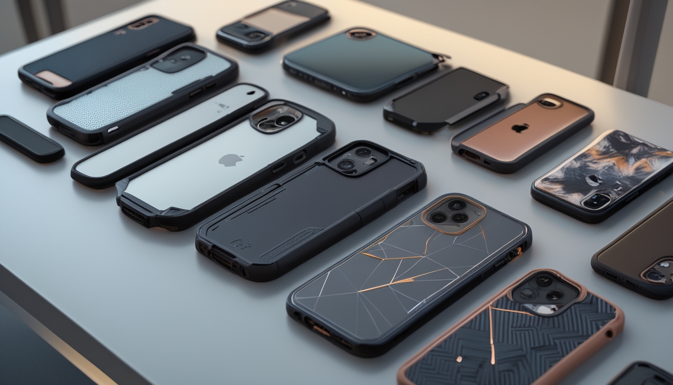 Berbagai casing handphone dengan desain dan perlindungan berbeda tersusun rapi di atas meja.