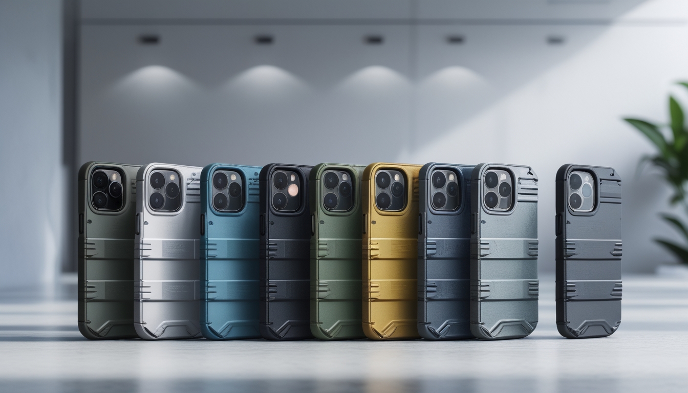 Sepuluh casing smartphone yang tahan banting dengan berbagai warna dan desain, tertata rapi di atas permukaan bersih.