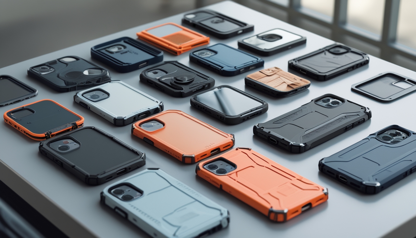 Berbagai casing pelindung smartphone tahan banting dengan desain berbeda ditata rapi di permukaan bersih.