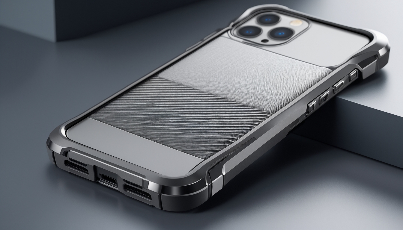 Foto close-up sebuah smartphone dengan casing anti-shock yang kokoh dan desain modern, diletakkan pada latar belakang yang bersih.