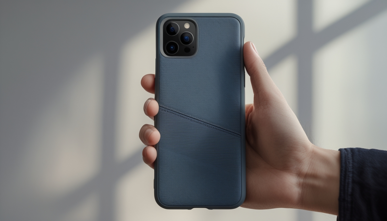 Sebuah smartphone modern dengan casing anti-shock yang stylish dipegang oleh seseorang dengan latar belakang bersih dan pencahayaan alami.