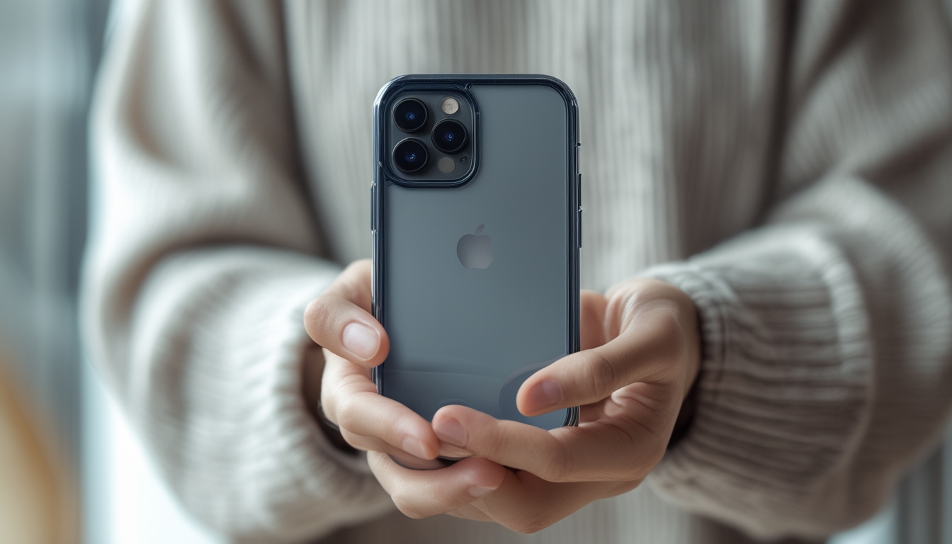 Seseorang memegang smartphone dengan casing pelindung transparan yang menonjolkan kamera dan layar penuh.