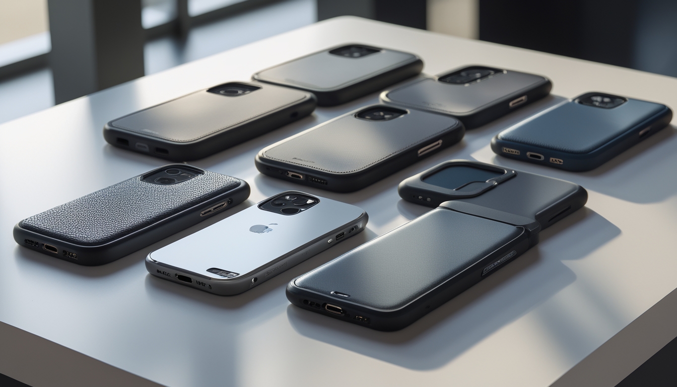 Beberapa casing ponsel berkualitas tinggi untuk iPhone dan Android ditampilkan rapi di atas permukaan bersih dengan pencahayaan alami.