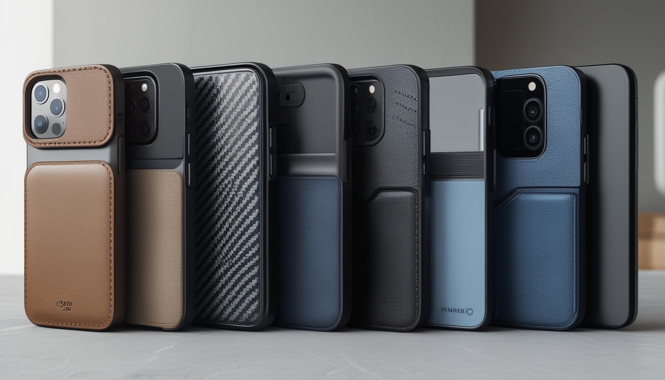 Beberapa smartphone dengan casing berbeda yang terbuat dari berbagai material berkualitas tinggi, ditampilkan berdampingan di atas permukaan netral.
