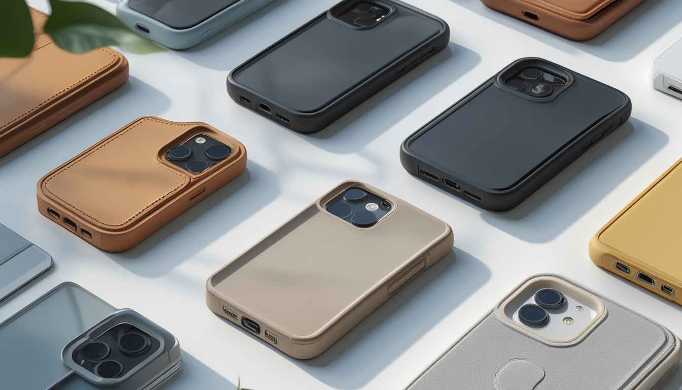 Beberapa casing handphone dengan berbagai warna dan bahan tertata rapi di atas permukaan bersih dan terang.