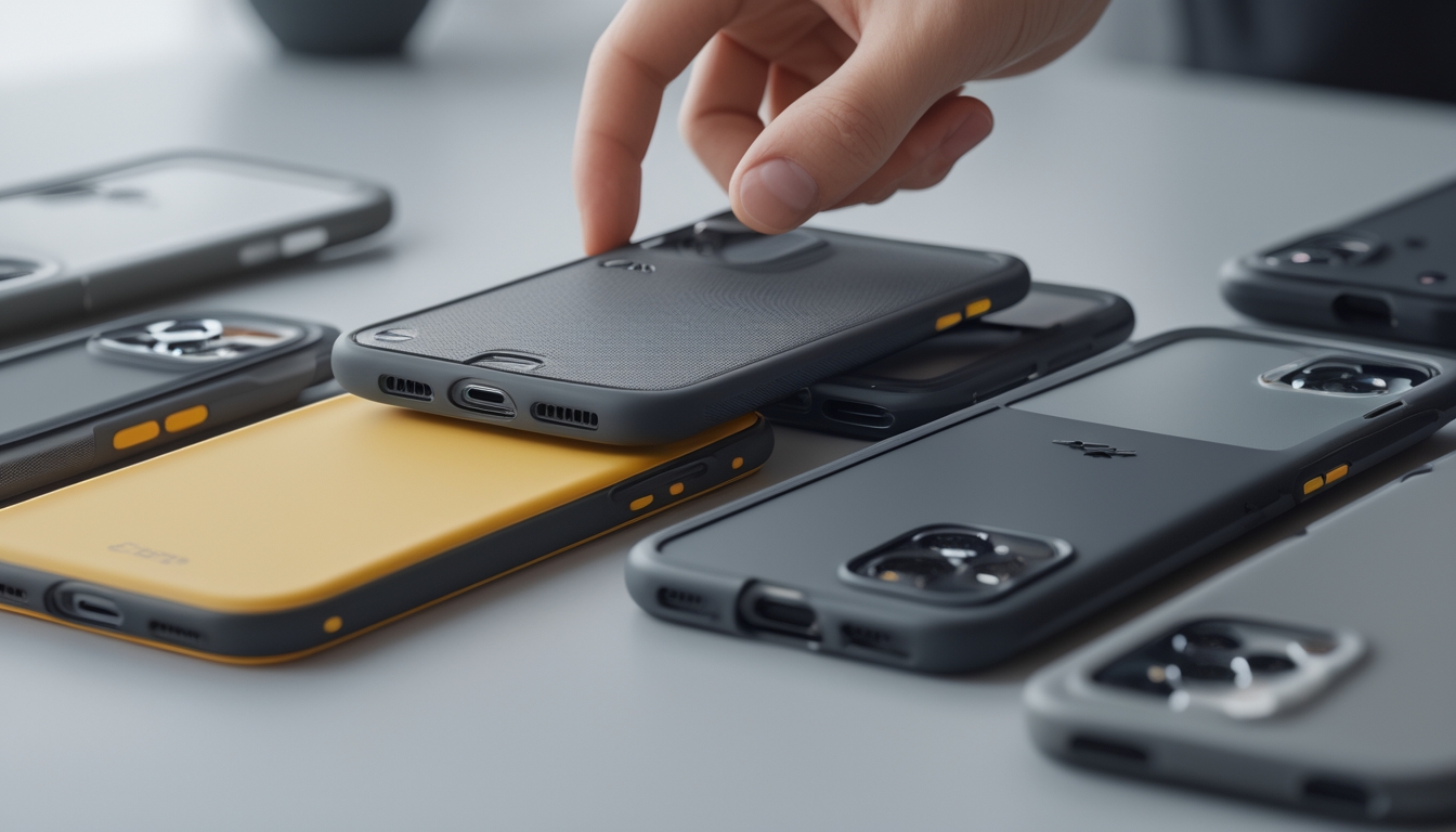 Beberapa casing handphone berbeda warna dan bahan diletakkan di atas permukaan bersih, dengan sebuah tangan memegang salah satu casing.
