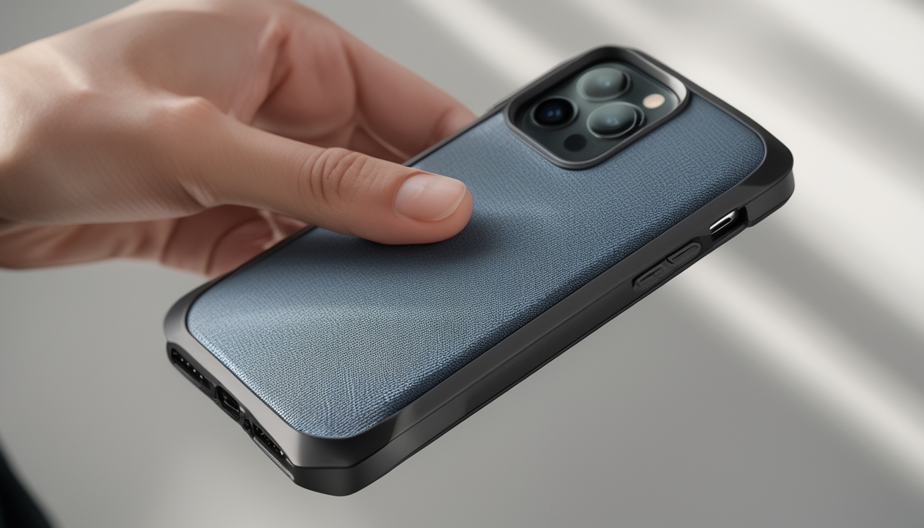Gambar sebuah smartphone dengan casing pelindung anti slip dan anti jatuh yang sedang dipegang dengan kuat oleh seseorang.