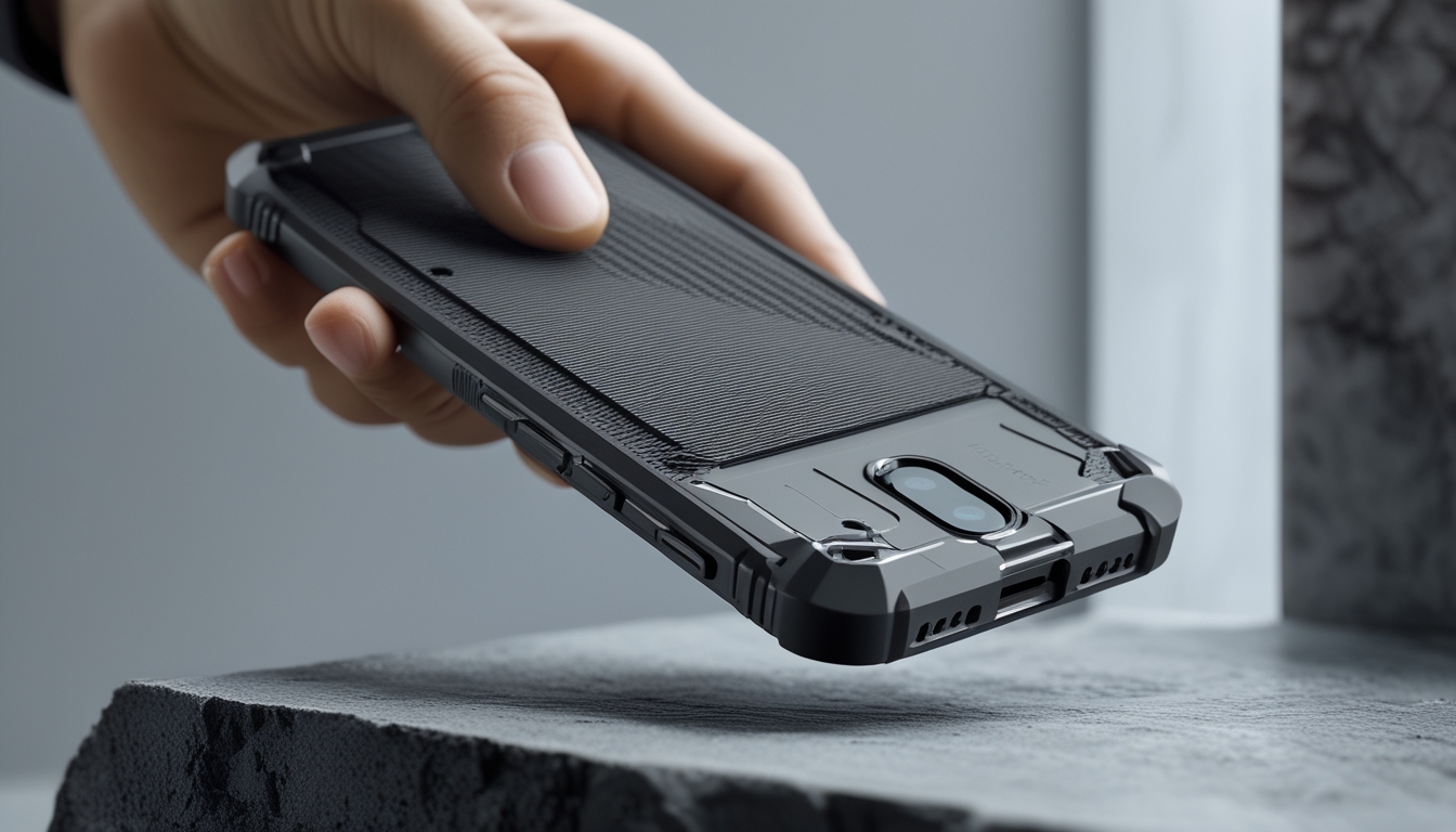 Smartphone dengan casing tahan jatuh dan anti slip sedang digenggam dengan kuat di tangan seseorang.