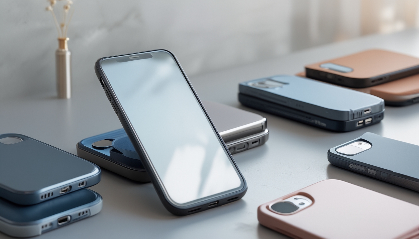 Smartphone dengan beberapa casing tipis dan ringan yang diletakkan di atas permukaan bersih.