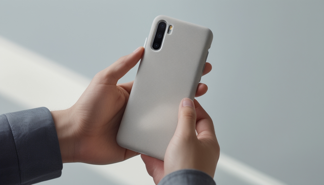 Foto close-up sebuah tangan memegang ponsel dengan casing yang tipis dan ringan, menonjolkan desain yang ramping dan aman.