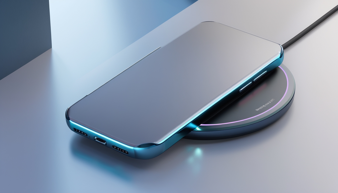 Sebuah casing ponsel modern dengan fitur MagSafe dan dukungan pengisian nirkabel, diletakkan di atas permukaan putih bersama dengan charger nirkabel yang sedang aktif.