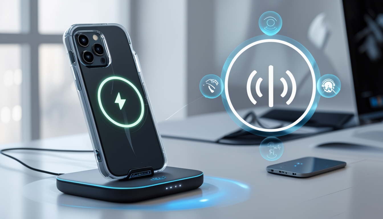 Smartphone dengan casing transparan sedang mengisi daya secara nirkabel di atas pad pengisian, dikelilingi ikon digital yang menunjukkan fitur MagSafe dan wireless charging.
