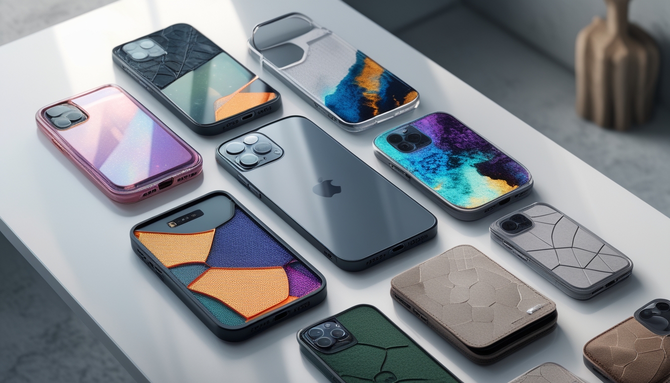 Beberapa casing handphone dengan desain modern dan unik diletakkan di atas meja putih di sebuah ruang kerja minimalis.