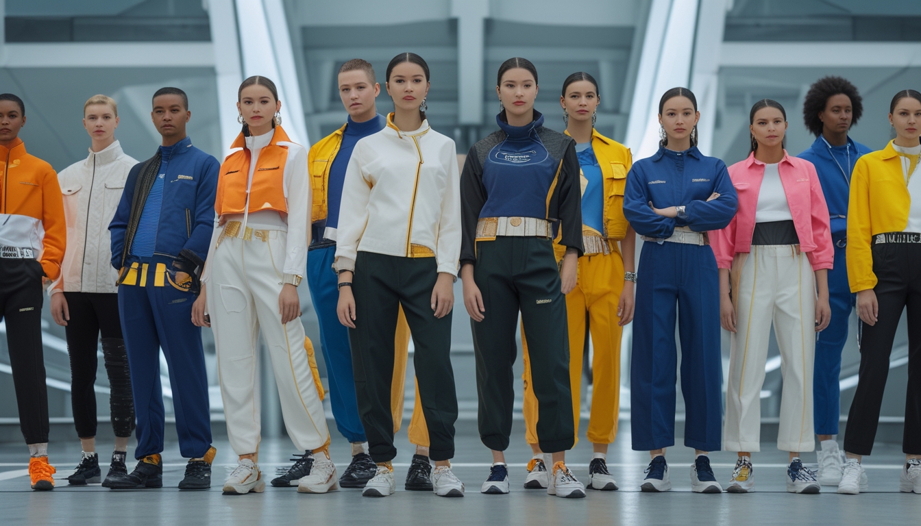 Sekelompok pria dan wanita mengenakan pakaian modis terbaru tahun 2026 sedang berdiri di lingkungan perkotaan dengan latar belakang arsitektur modern.