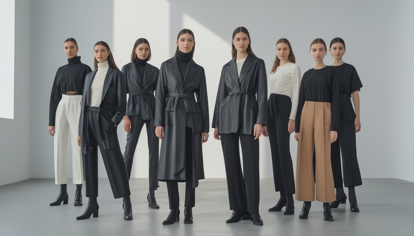Sekelompok model mengenakan pakaian modis dan elegan dalam studio dengan pencahayaan terang.