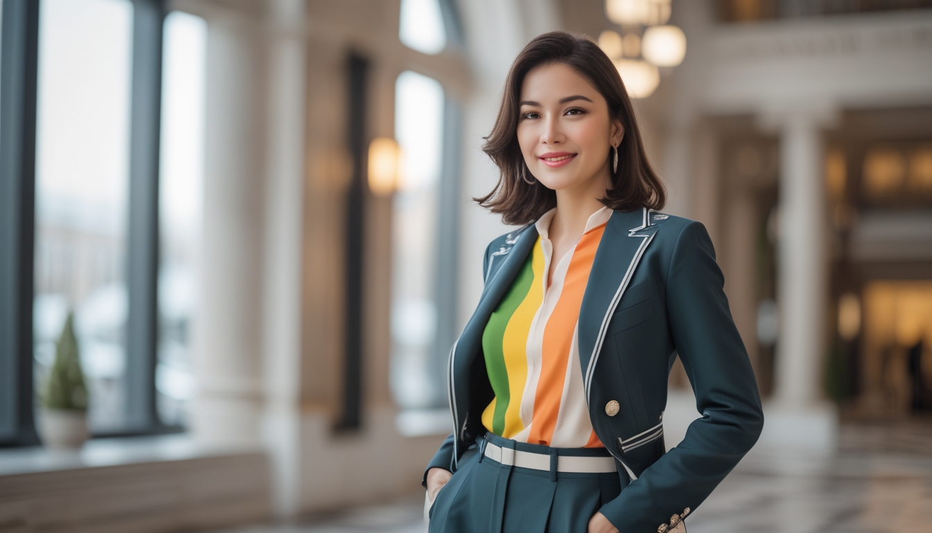 Seorang wanita muda berdiri di latar kota dengan pakaian modis dan ekspresi percaya diri.