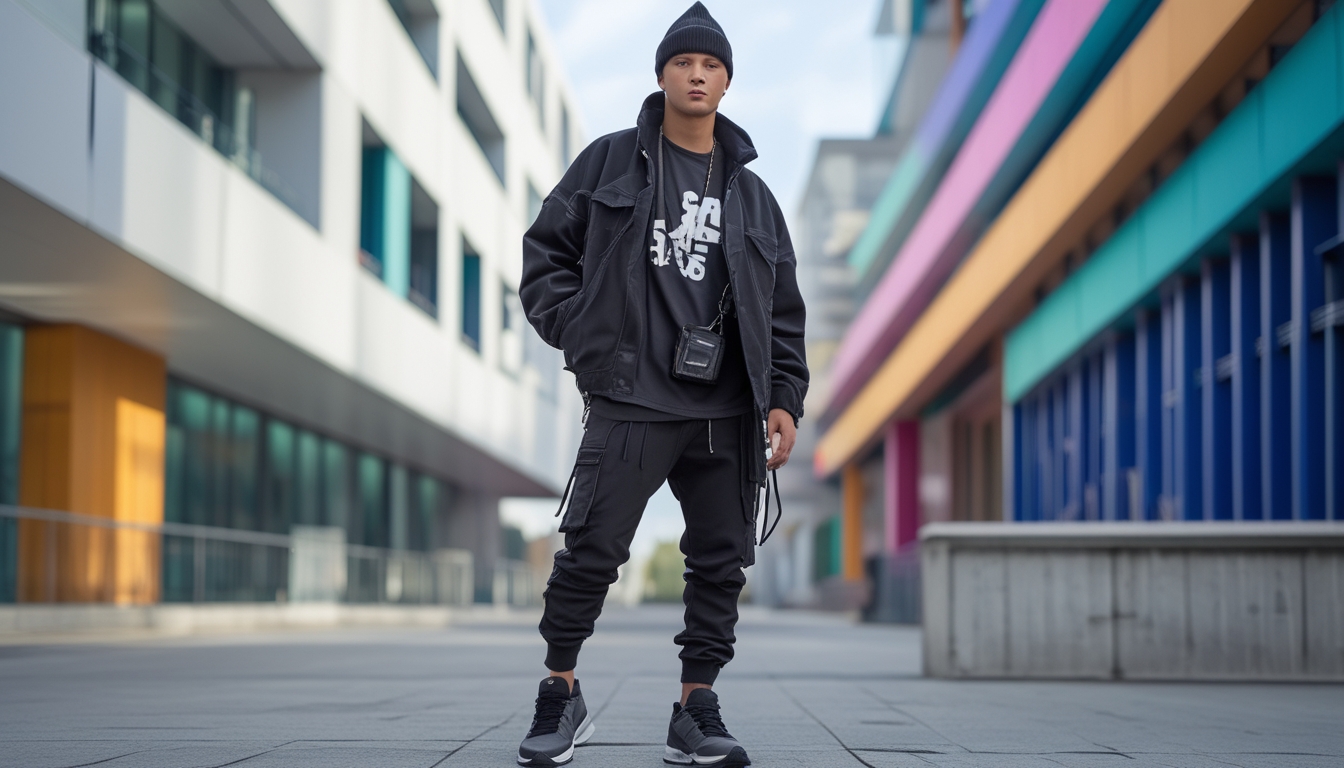 Seorang pria muda berdiri di lingkungan kota modern mengenakan pakaian kasual dan aksesori streetwear.