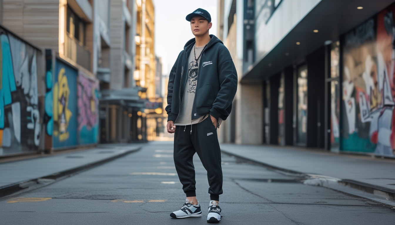Seorang pria muda berdiri di jalan kota dengan pakaian streetwear modern, latar belakang berupa gedung dan seni grafiti.