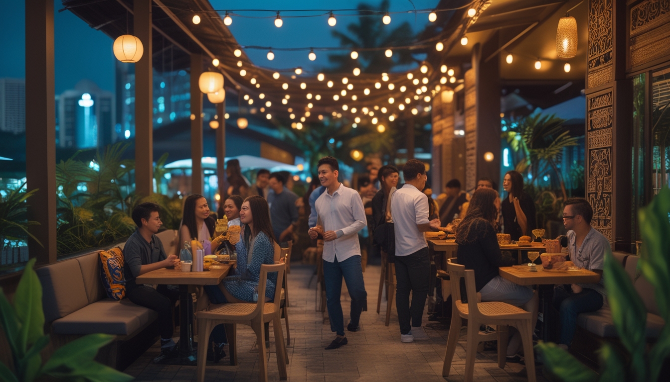 Orang-orang muda sedang bersantai dan berbincang di sebuah kafe malam yang terang dan nyaman dengan lampu gantung dan tanaman tropis di Indonesia.