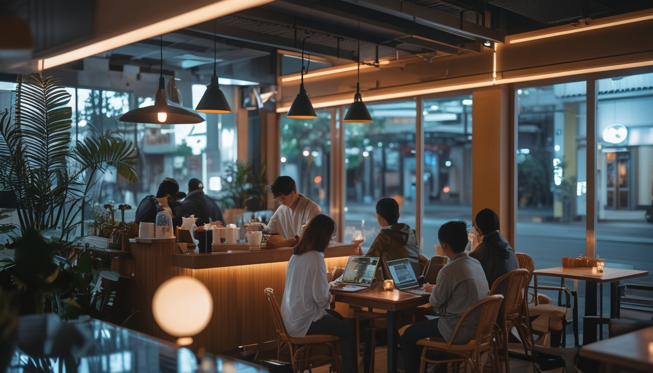 Suasana kafe malam yang nyaman dan estetik dengan lampu hangat, orang-orang menikmati kopi dan bekerja, serta dekorasi modern dan tanaman hijau.