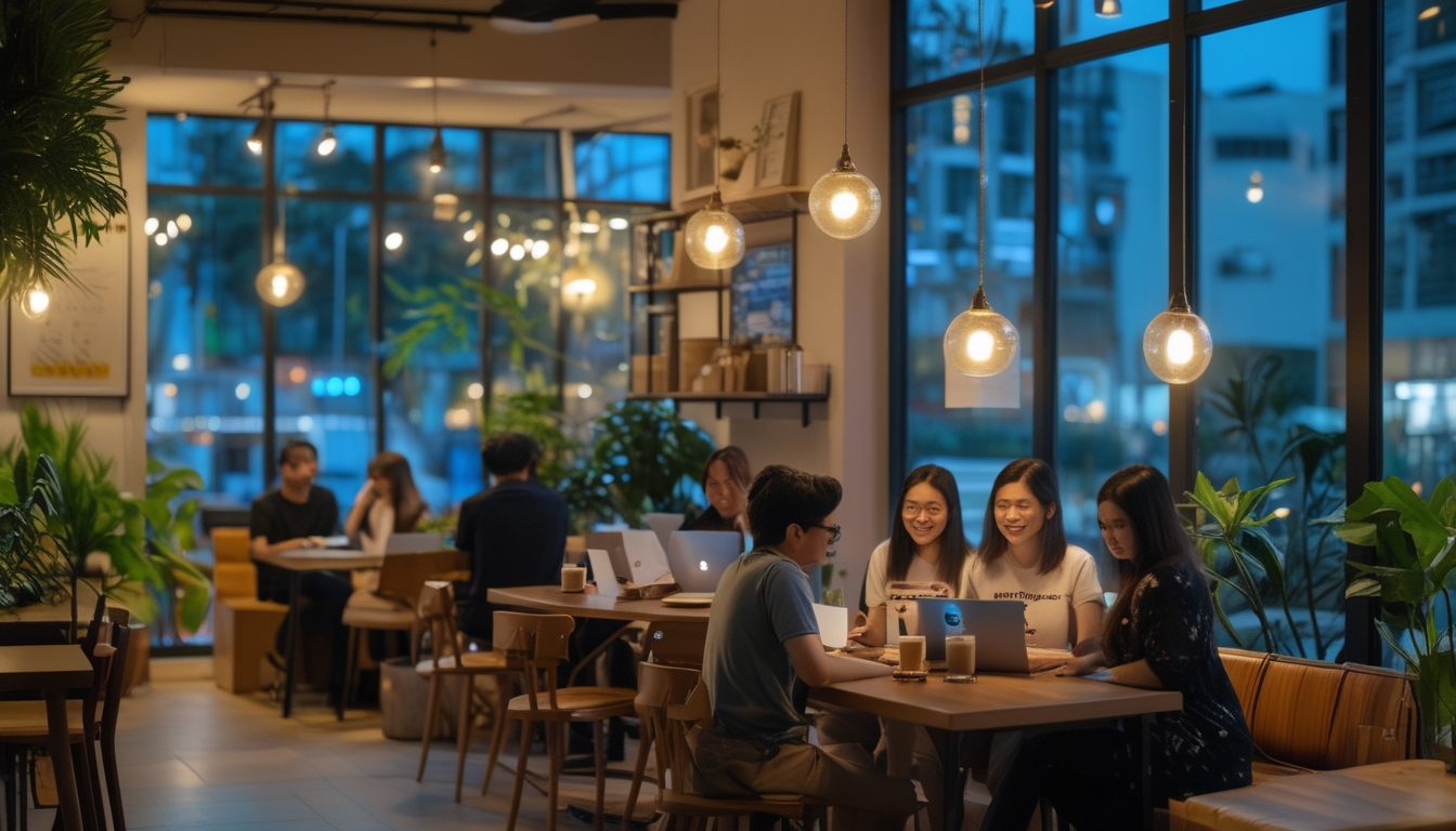 Suasana dalam sebuah kafe malam 24 jam yang nyaman dan estetik dengan beberapa orang menikmati minuman dan bekerja di laptop.