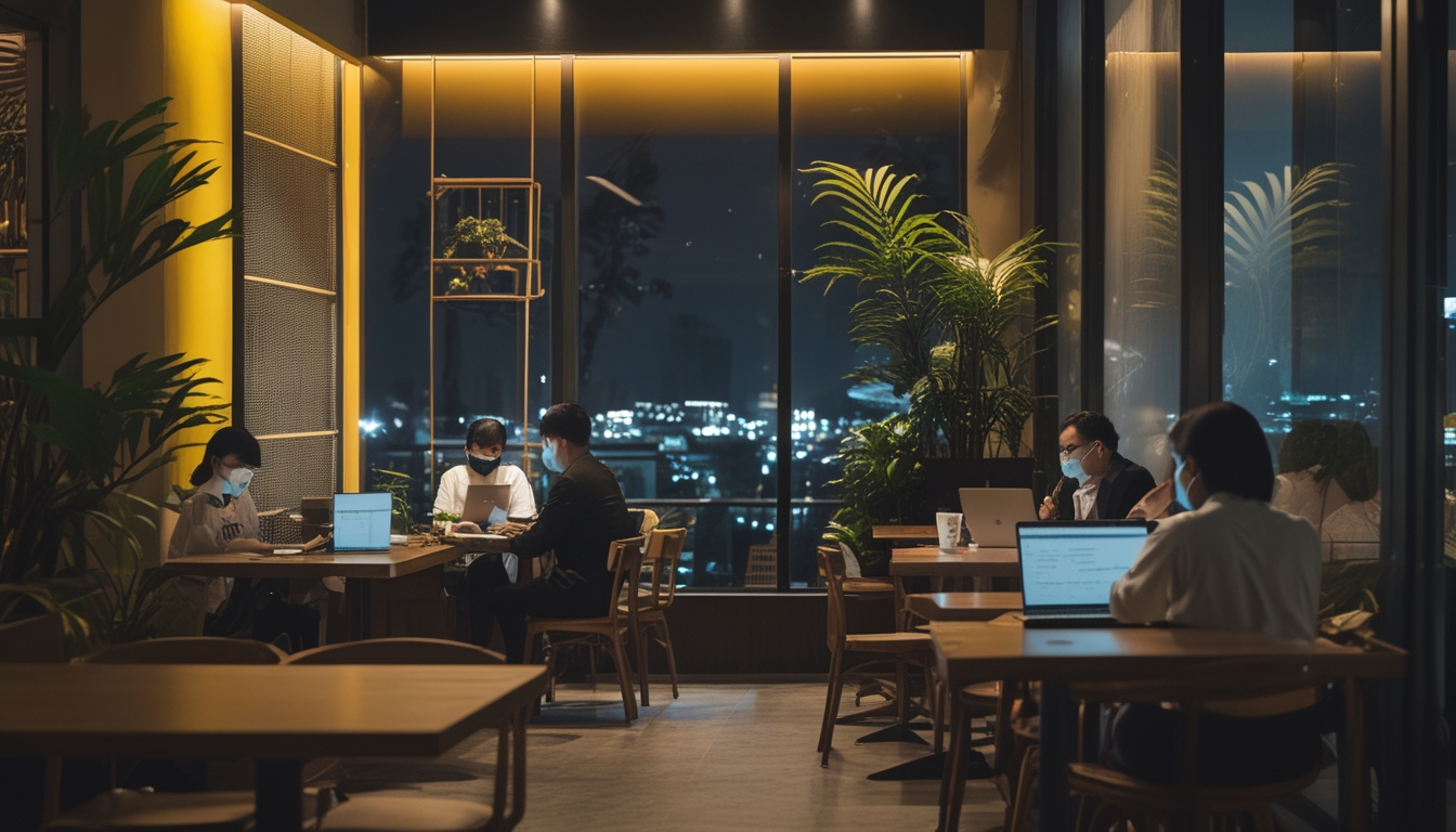 Suasana kafe malam yang nyaman dengan orang-orang bekerja menggunakan laptop di meja kayu, tanaman hijau, dan pemandangan kota di luar jendela.