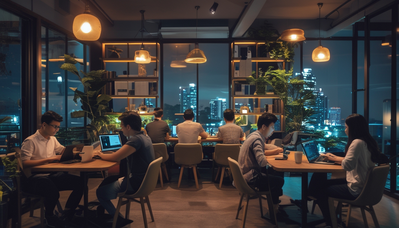 Suasana dalam sebuah kafe modern di malam hari dengan orang-orang sedang bekerja menggunakan laptop di meja kayu, lampu hangat, dan tanaman hijau di sekitar.