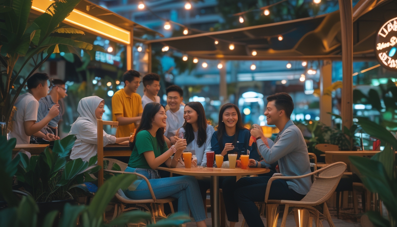 Suasana kafe malam yang ramai dengan anak muda Indonesia sedang bersosialisasi dan menikmati minuman di tempat duduk luar ruangan.