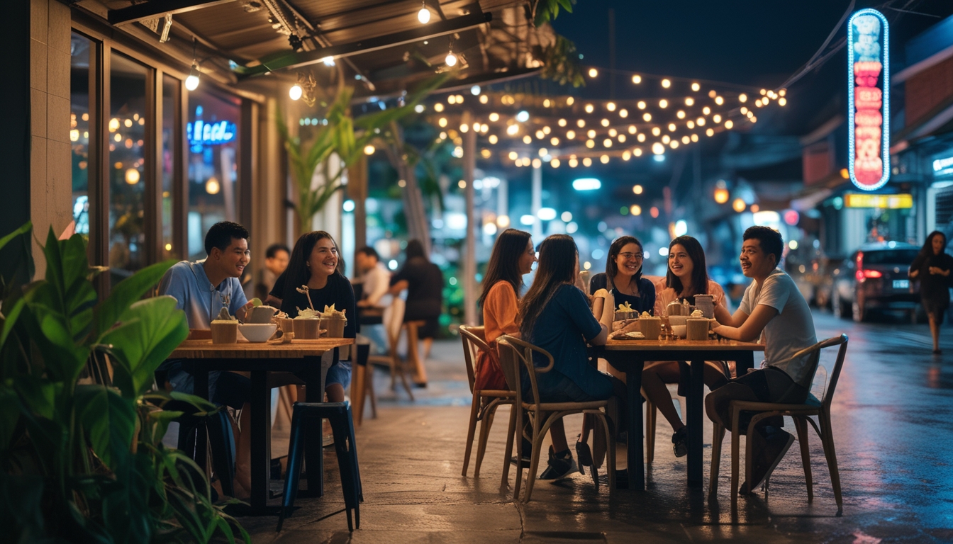 Suasana malam di sebuah kafe outdoor di Indonesia dengan anak muda sedang menikmati kopi dan bersosialisasi di meja kayu, dikelilingi lampu hangat dan tanaman tropis.