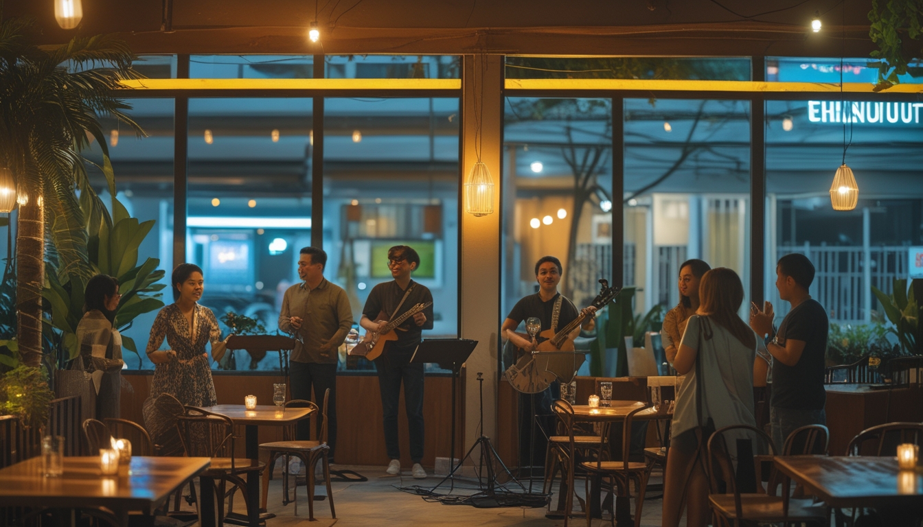 Suasana kafe malam yang nyaman dengan musisi sedang tampil dan orang-orang menikmati minuman serta berbincang.