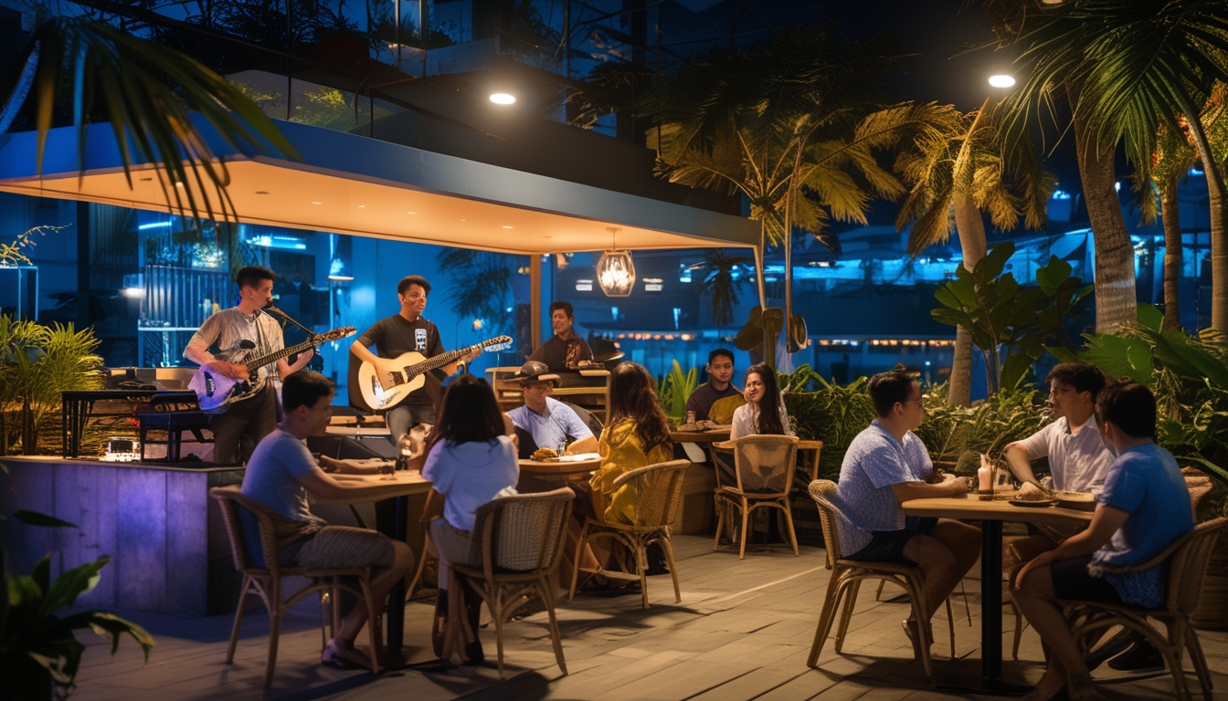 Suasana kafe malam yang nyaman dengan orang-orang menikmati musik live dan duduk di area luar ruangan di Indonesia.