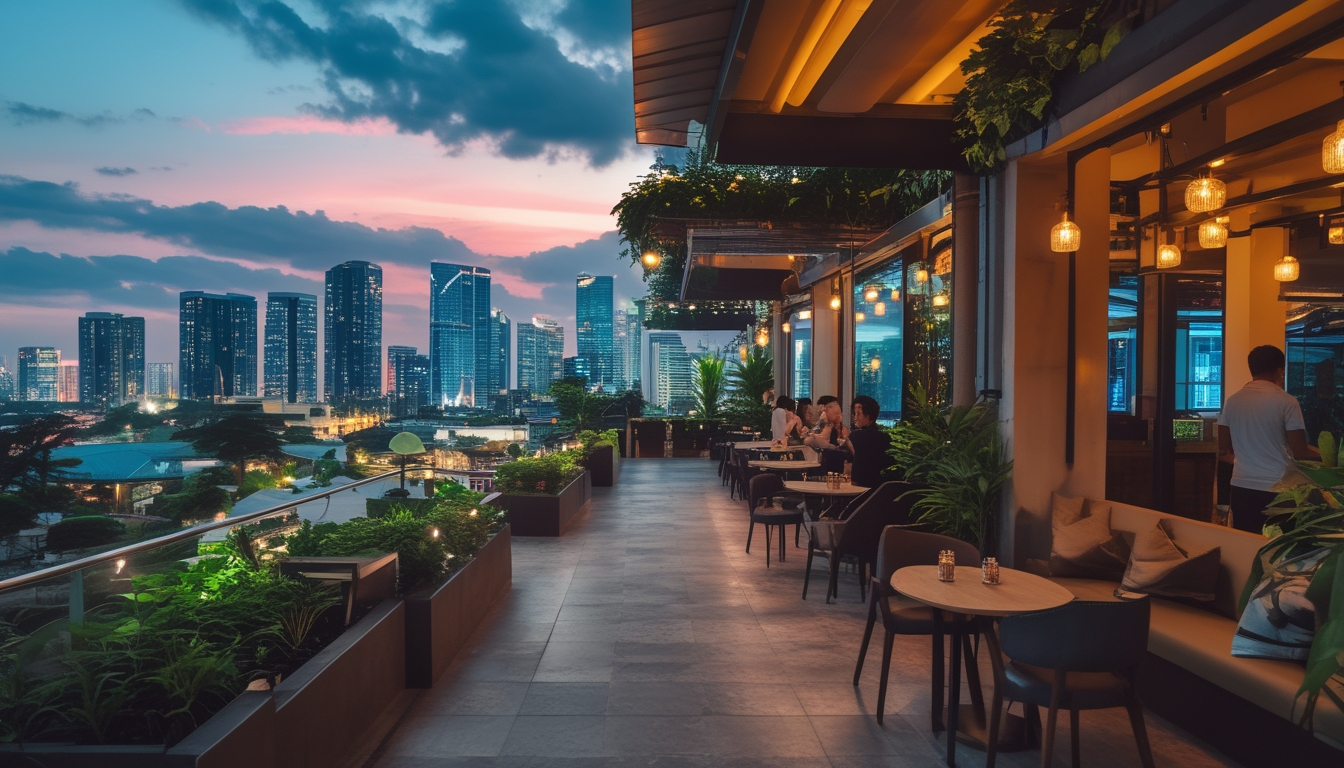 Area kafe outdoor di malam hari dengan pemandangan kota yang terang dan beberapa orang menikmati suasana.