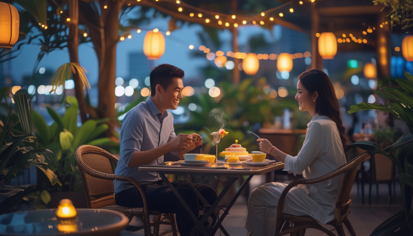 Pasangan sedang menikmati suasana kafe malam yang romantis dengan lampu hangat dan tanaman tropis di sekitar.