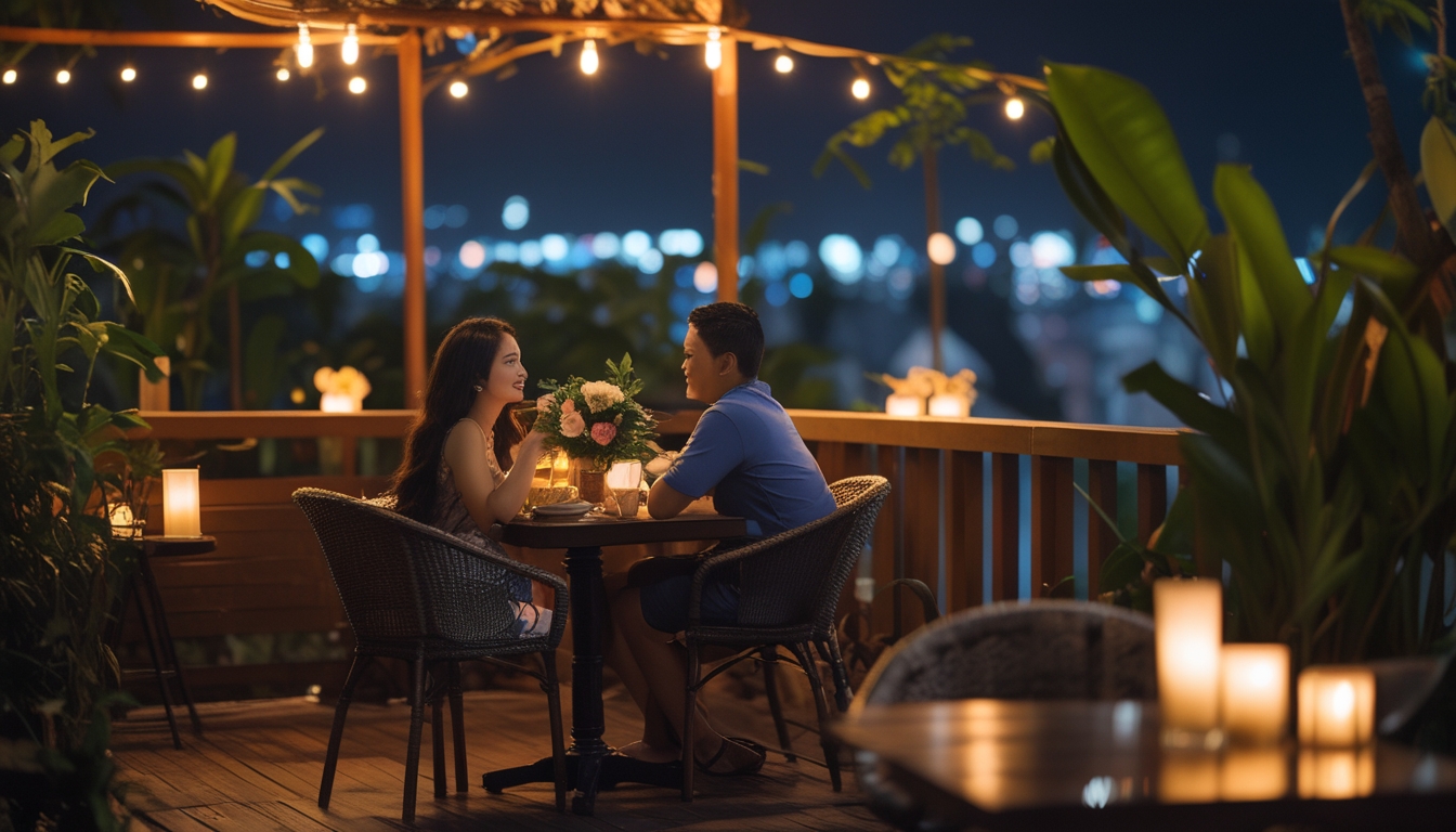 Pasangan sedang menikmati malam romantis di sebuah kafe dengan pencahayaan hangat dan tanaman tropis di sekitarnya.
