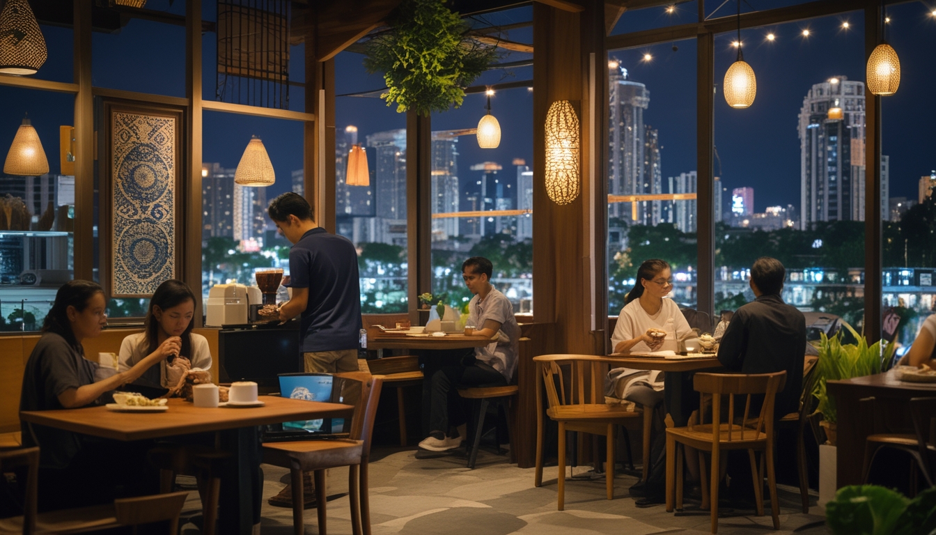 Suasana kafe malam yang nyaman dengan pelanggan menikmati minuman dan makanan di dalamnya, terlihat dekorasi tradisional Indonesia dan lampu kota di luar jendela.