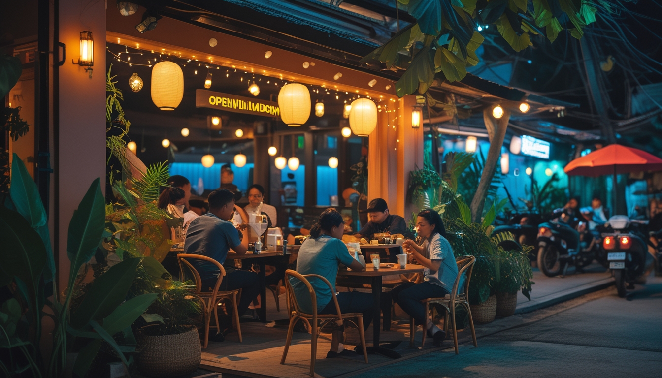 Suasana malam di sebuah kafe di Indonesia dengan pencahayaan hangat dan orang-orang menikmati minuman dan makanan di dalam dan luar kafe.