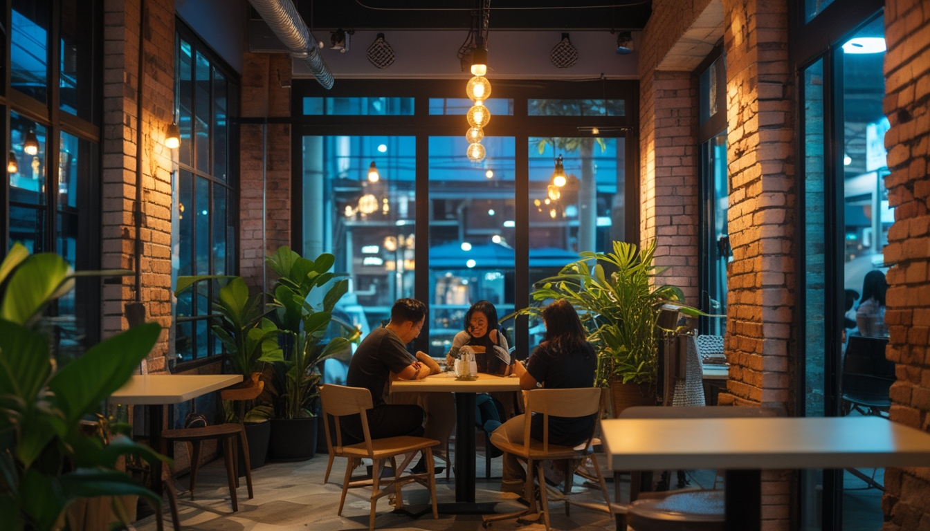 Interior sebuah kafe di malam hari dengan beberapa pengunjung yang sedang menikmati kopi di dalam ruangan yang nyaman.