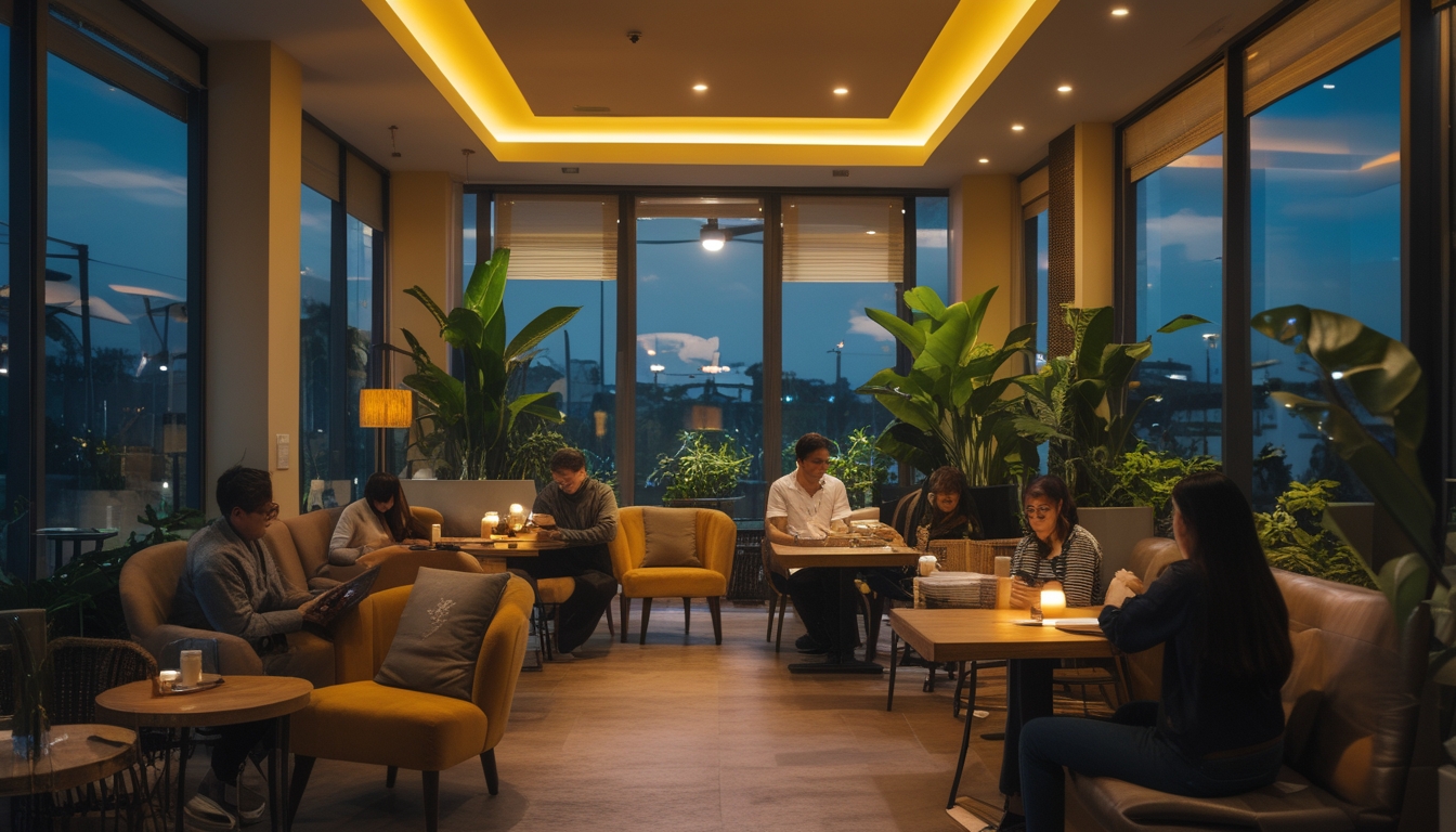 Suasana kafe malam yang nyaman dengan pencahayaan hangat, orang-orang santai menikmati minuman dan berbincang di dalam ruangan yang dipenuhi tanaman hijau.