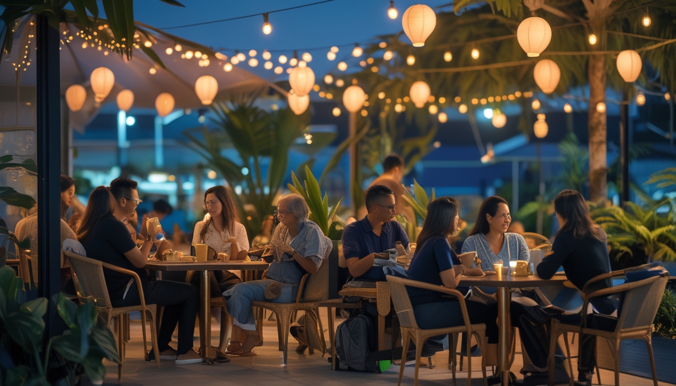 Suasana kafe malam di Indonesia dengan orang-orang santai menikmati kopi dan berbincang di teras luar ruangan yang diterangi lampu hangat dan dikelilingi tanaman tropis.