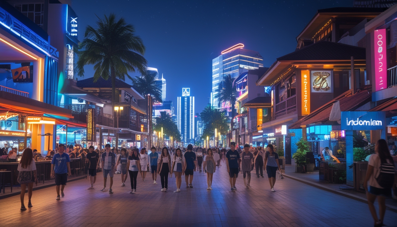 Pemandangan malam kota Indonesia yang ramai dengan lampu warna-warni dan orang-orang menikmati hiburan malam di jalanan.