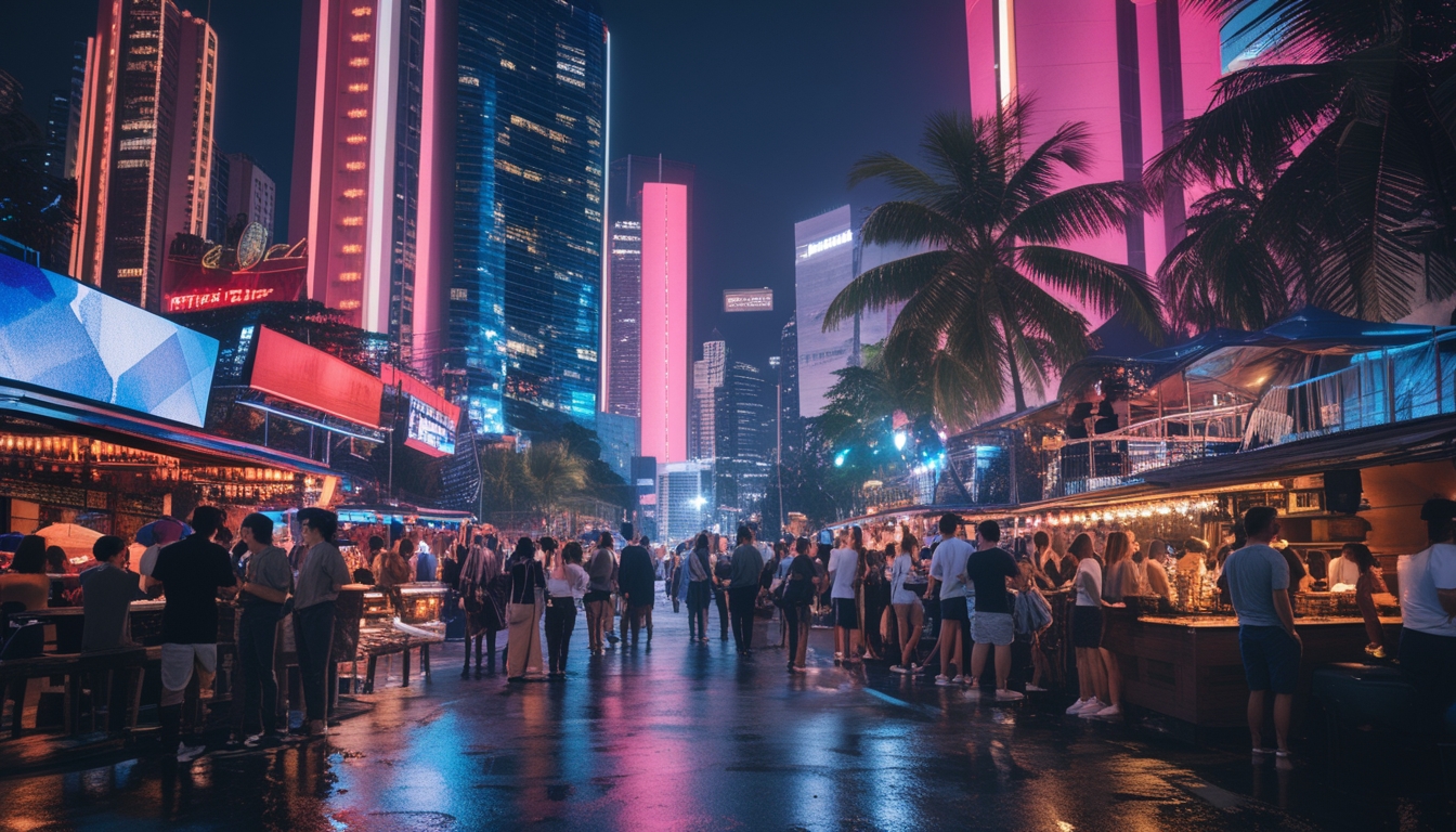 Suasana malam yang ramai di kawasan hiburan di Indonesia dengan gedung-gedung bercahaya neon, orang-orang bersosialisasi, dan penjual makanan jalanan.