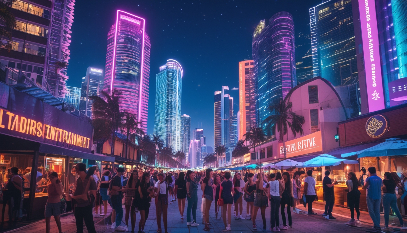 Pemandangan malam kota yang ramai dengan kelompok wisatawan muda menikmati hiburan di jalanan yang penuh lampu neon dan aktivitas.