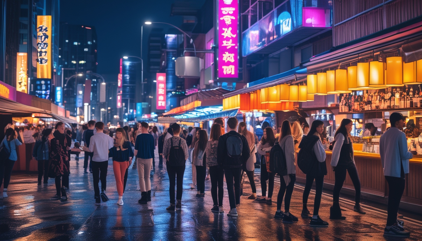 Pemandangan malam kota yang ramai dengan klub, bar, dan pasar malam yang dipenuhi orang-orang yang menikmati hiburan dan makanan.