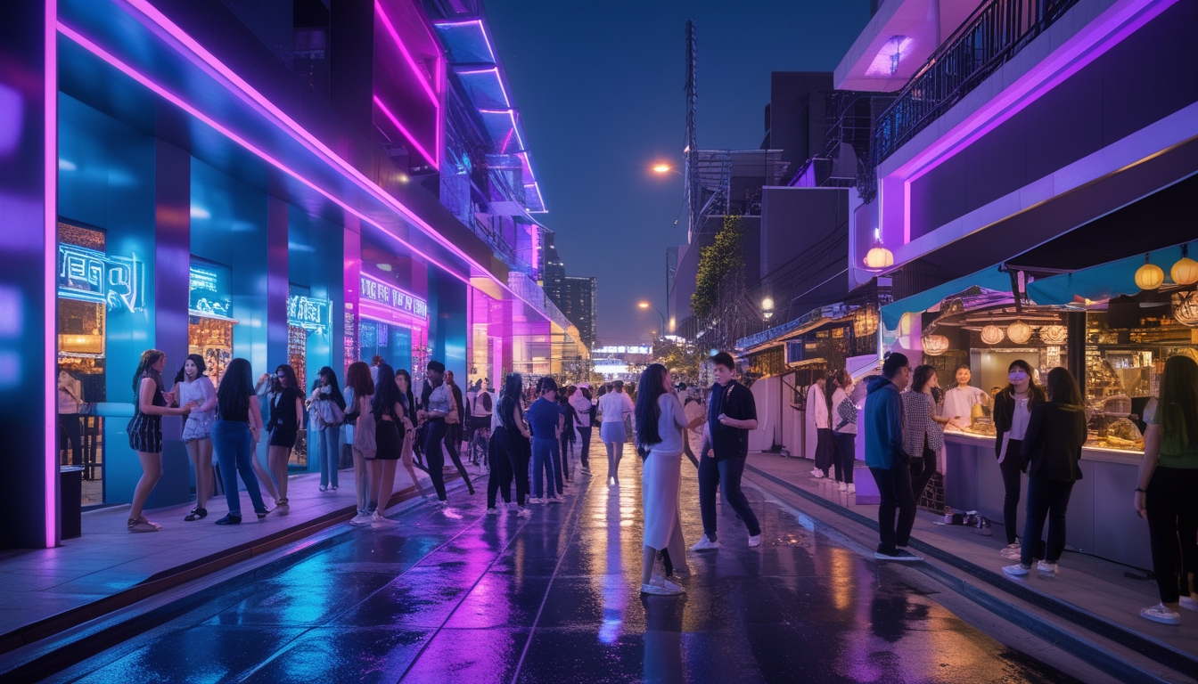 Suasana malam yang ramai dengan klub, bar, dan pasar malam yang memenuhi orang-orang menikmati hiburan dan makanan di tahun 2026.