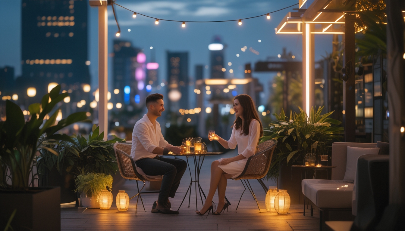 Pasangan duduk di area lounge outdoor yang romantis di malam hari dengan lampu hangat dan pemandangan kota modern di latar belakang.