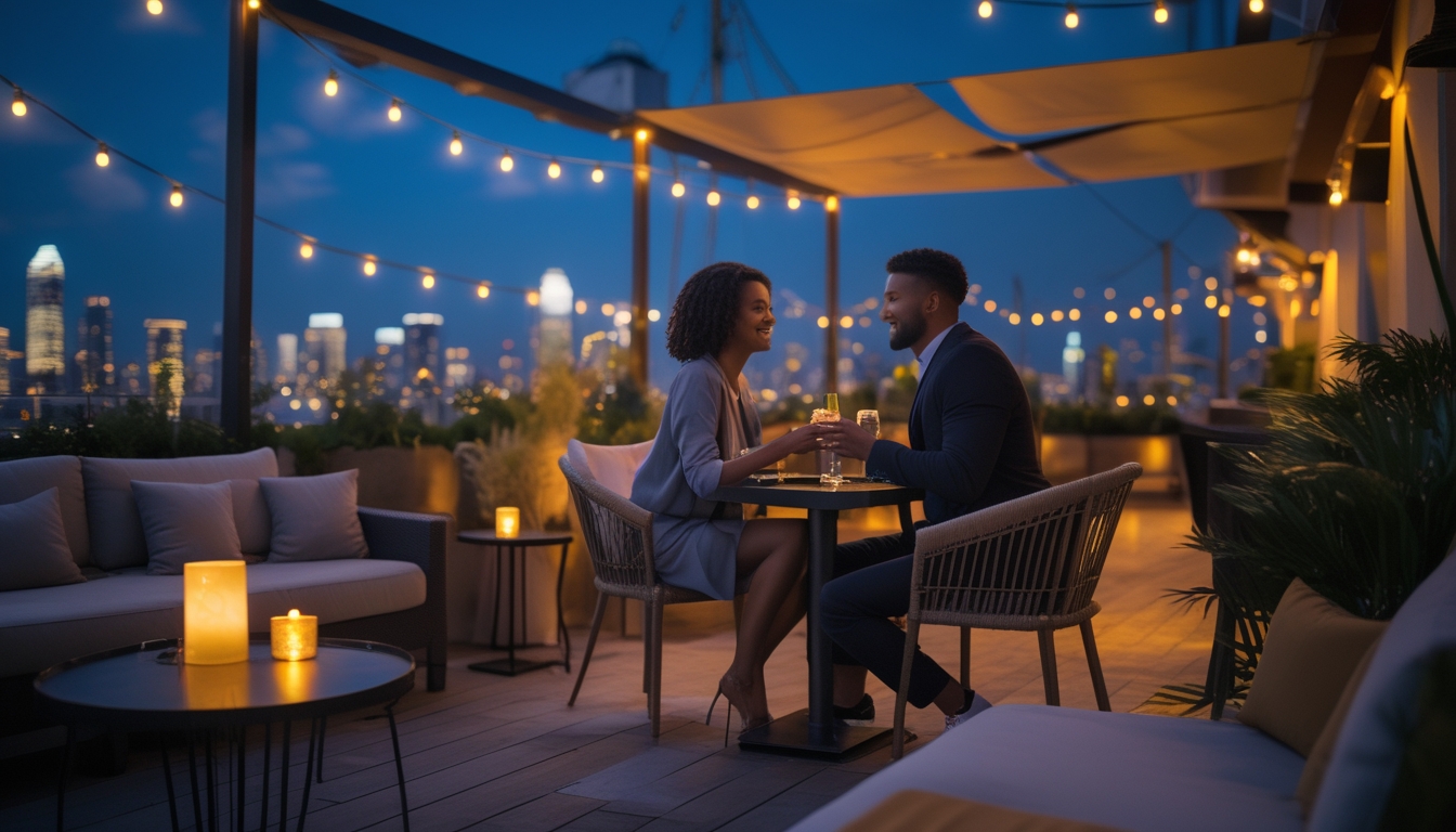 Pasangan sedang menikmati suasana malam romantis di teras atap dengan pemandangan kota dan lampu-lampu yang berkilauan.