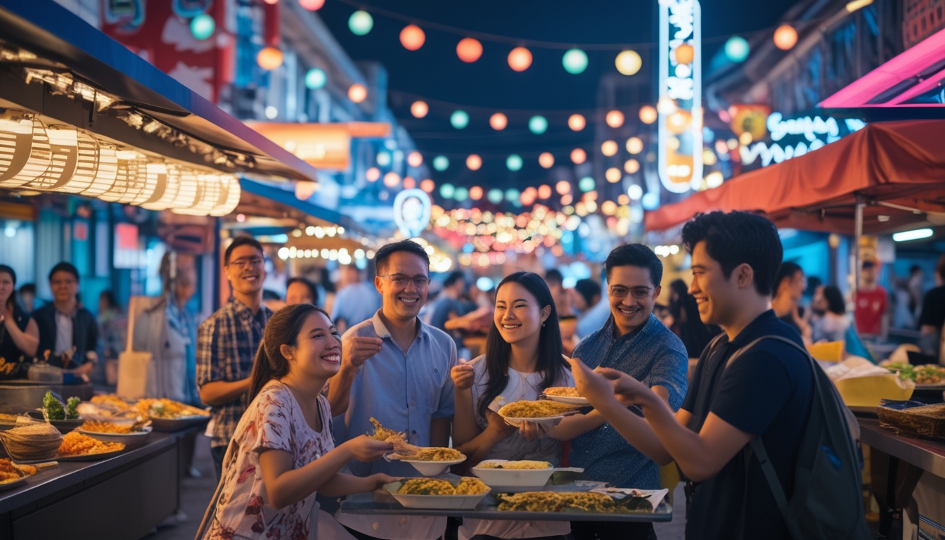 Suasana pasar malam yang ramai dengan lampu warna-warni, penjual makanan, dan orang-orang yang menikmati hiburan malam dengan gembira.